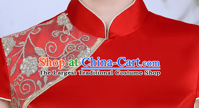 China Classical Red Satin Qipao Catwalks Show Cheongsam Stage Performance Evening Dress Clothing