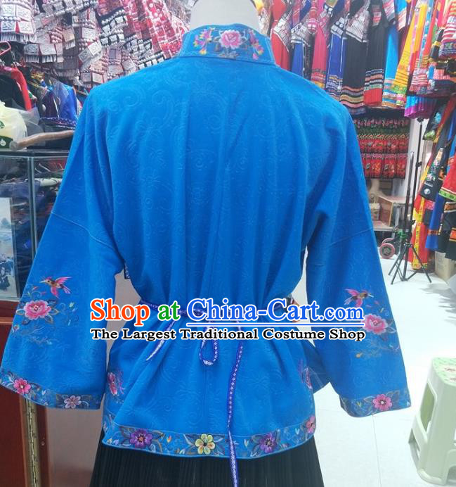 Chinese Traditional Hmong Ethnic Embroidery Blue Blouse Miao Nationality Folk Dance Shirt Clothing