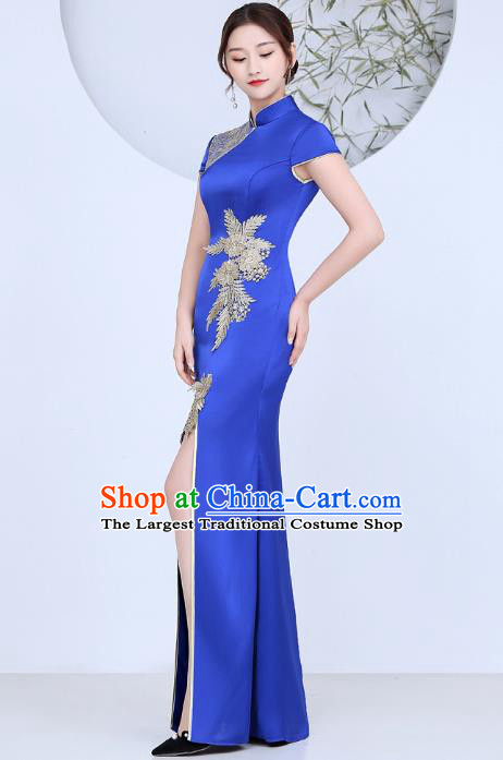 China Catwalks Show Cheongsam Stage Performance Evening Dress Clothing Classical Royalblue Satin Qipao