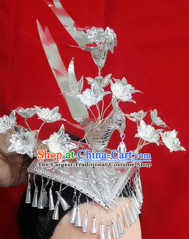 China Guizhou Miao Nationality Phoenix Coronet Traditional Hair Accessories Hmong Ethnic Silver Bird Hair Crown