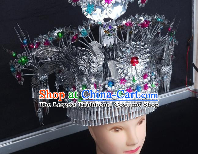 China Traditional Silver Hair Accessories Hmong Ethnic Phoenix Coronet Guizhou Miao Nationality Hair Crown Hat