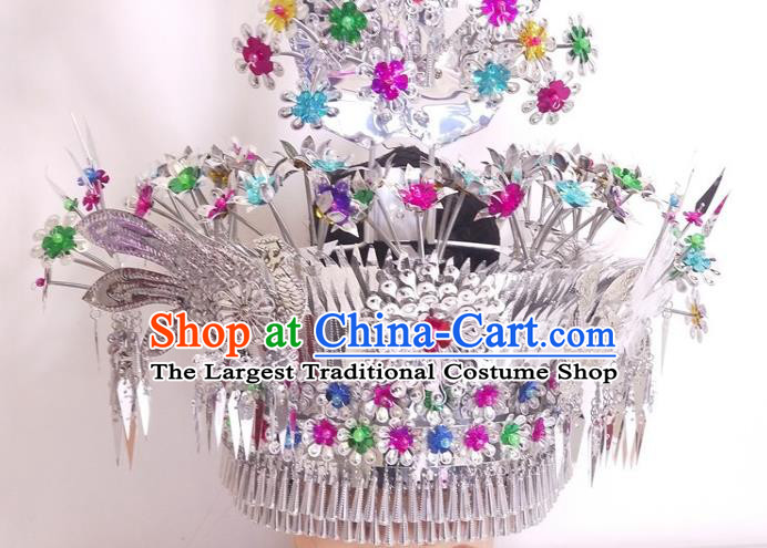 China Traditional Silver Hair Accessories Hmong Ethnic Phoenix Coronet Guizhou Miao Nationality Hair Crown Hat