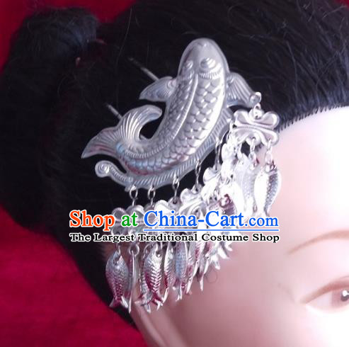China Traditional Wedding Hair Accessories Hmong Ethnic Hair Stick Guizhou Miao Nationality Silver Fish Hairpin