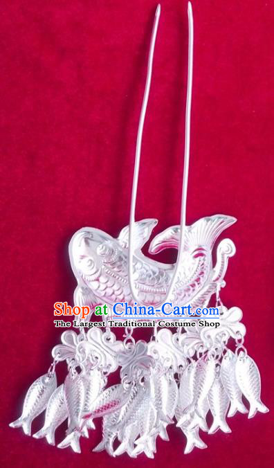 China Traditional Wedding Hair Accessories Hmong Ethnic Hair Stick Guizhou Miao Nationality Silver Fish Hairpin