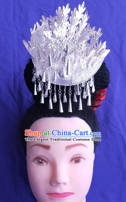 China Hmong Ethnic Silver Phoenix Hair Crown Guizhou Miao Nationality Hairpin Traditional Bride Hair Accessories