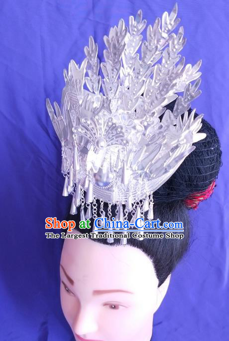 China Hmong Ethnic Silver Phoenix Hair Crown Guizhou Miao Nationality Hairpin Traditional Bride Hair Accessories