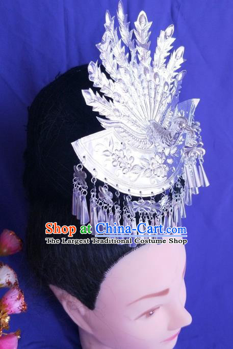 China Traditional Wedding Hair Accessories Hmong Ethnic Silver Phoenix Hair Crown Guizhou Miao Nationality Hairpin
