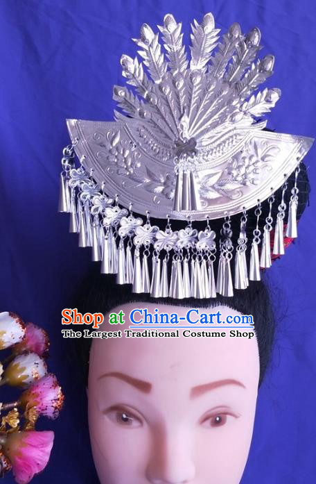 China Traditional Wedding Hair Accessories Hmong Ethnic Silver Phoenix Hair Crown Guizhou Miao Nationality Hairpin