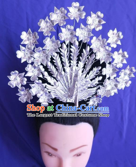 China Guizhou Hmong Ethnic Silver Phoenix Hair Crown Miao Nationality Hairpin Traditional Wedding Headdress