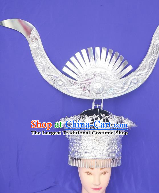 China Miao Nationality Bride Hat Traditional Wedding Headdress Guizhou Hmong Ethnic Silver Ox Horn Hair Crown