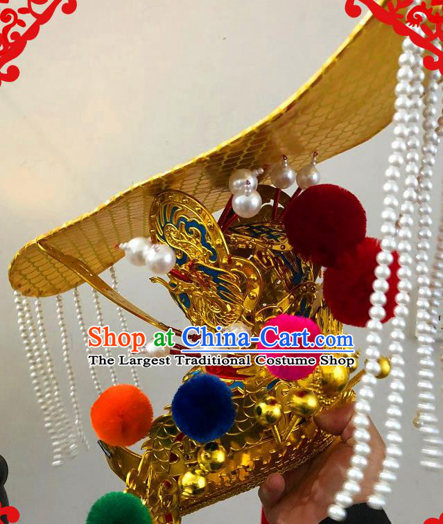 China Traditional Peking Opera Emperor Hat Ancient Royal King Tassel Headwear