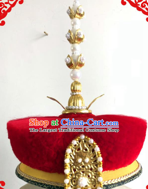China Traditional Qing Dynasty Emperor Hat Ancient Royal King Pearls Headdress