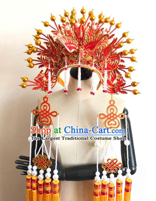 China Traditional Peking Opera Empress Hair Accessories Handmade Red Phoenix Coronet