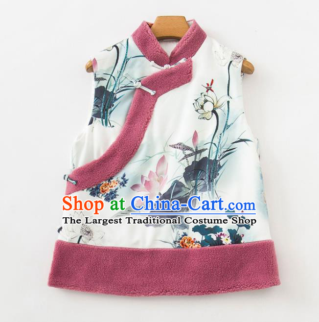 Chinese Classical Ink Painting Lotus Vest National Women Winter Clothing Tang Suit Waistcoat