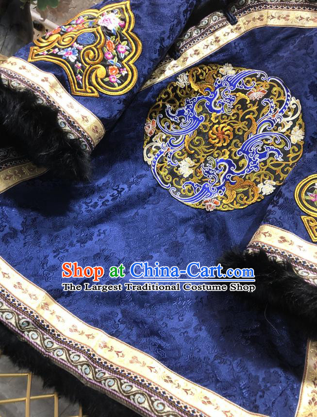 China Woman Winter Outer Garment Tang Suit Coat Traditional Embroidered Royalblue Silk Cotton Padded Jacket