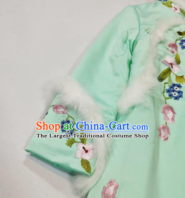 China Winter Tang Suit Coat Woman Outer Garment Traditional Embroidered Green Silk Cotton Wadded Jacket