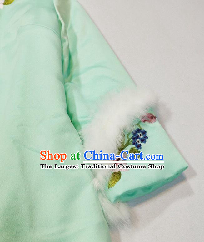 China Winter Tang Suit Coat Woman Outer Garment Traditional Embroidered Green Silk Cotton Wadded Jacket