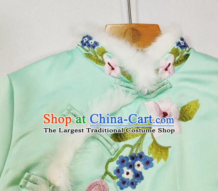China Winter Tang Suit Coat Woman Outer Garment Traditional Embroidered Green Silk Cotton Wadded Jacket