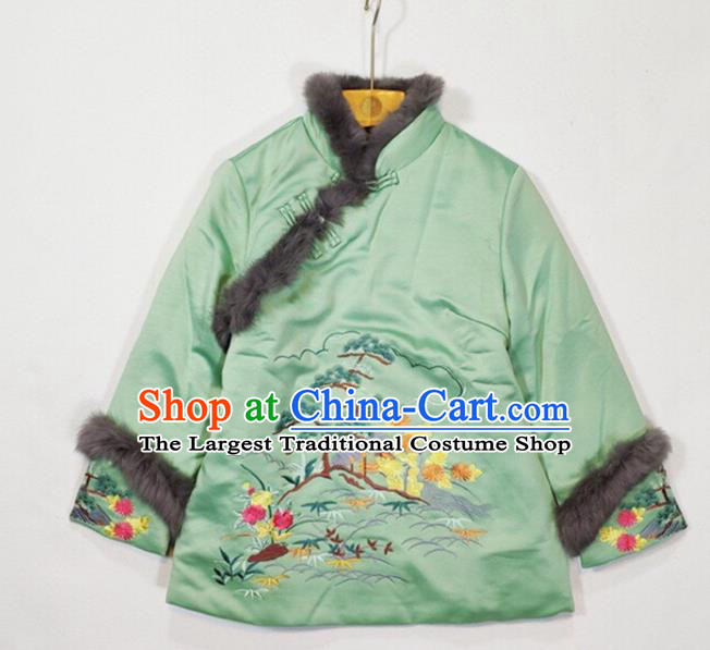 China Traditional Embroidered Green Silk Cotton Wadded Jacket Winter Tang Suit Coat Woman Outer Garment