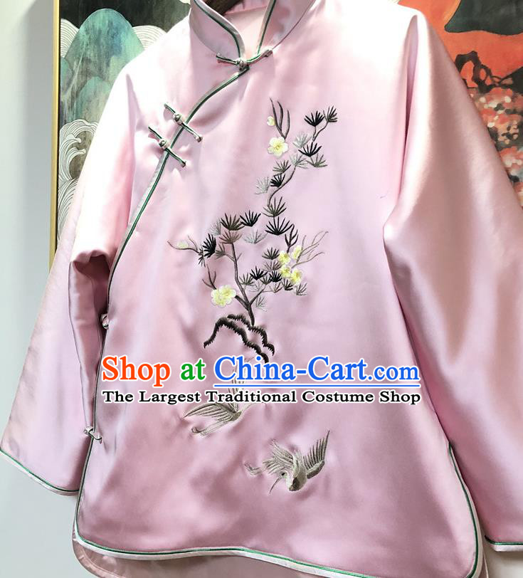China Traditional Winter Outer Garment Tang Suit Coat Embroidered Pink Silk Cotton Wadded Jacket