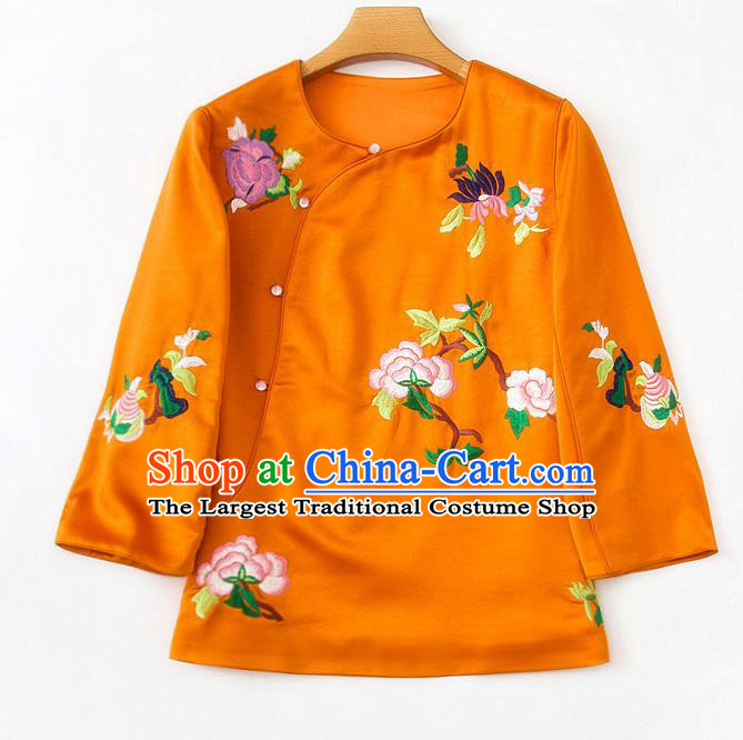 China Embroidered Peony Blouse Traditional Tang Suit Upper Outer Garment Orange Silk Shirt