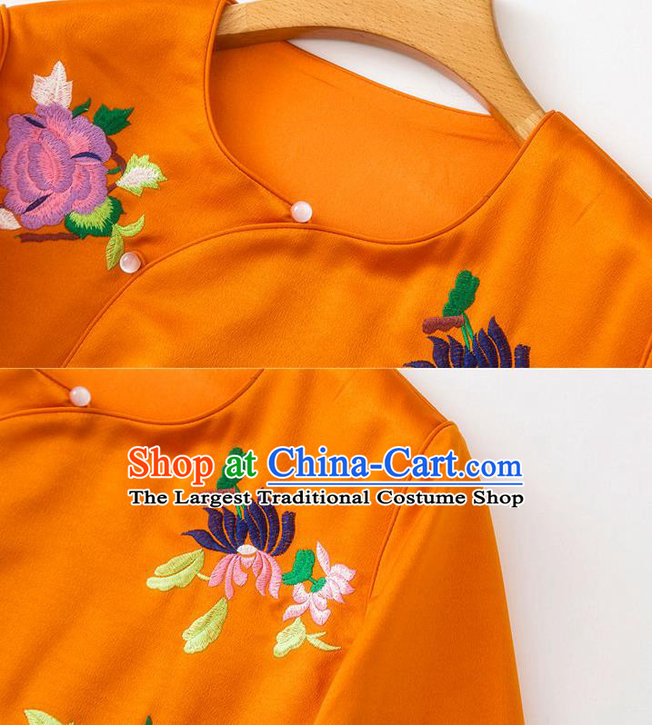 China Embroidered Peony Blouse Traditional Tang Suit Upper Outer Garment Orange Silk Shirt