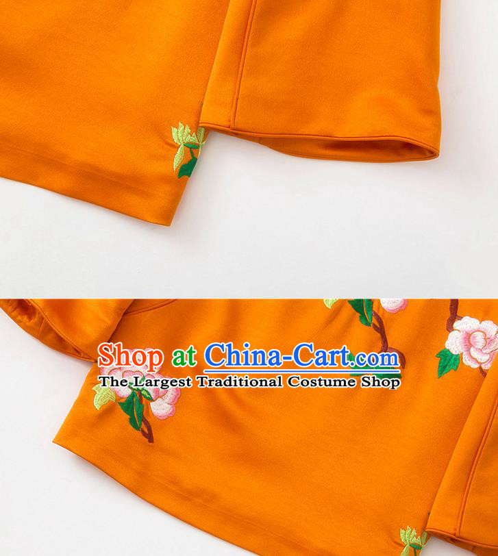 China Embroidered Peony Blouse Traditional Tang Suit Upper Outer Garment Orange Silk Shirt