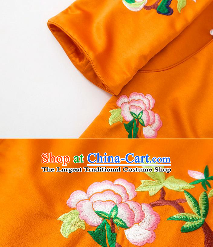 China Embroidered Peony Blouse Traditional Tang Suit Upper Outer Garment Orange Silk Shirt