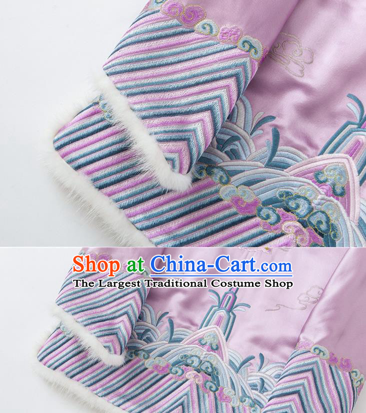 China Embroidered Cotton Wadded Jacket Traditional Tang Suit Outer Garment Winter Lilac Silk Coat