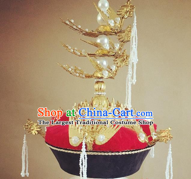 China Traditional Qing Dynasty Empress Hat Handmade Ancient Queen Golden Phoenix Headwear