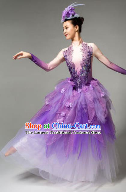 China Woman Dance Clothing Spring Festival Gala Flowers Fairy Dance Costume Opening Dance Purple Veil Dress