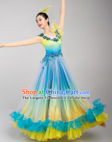 China Traditional Chorus Blue Dress Stage Performance Clothing Opening Dance Costume