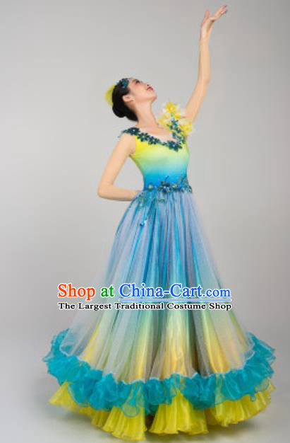 China Traditional Chorus Blue Dress Stage Performance Clothing Opening Dance Costume