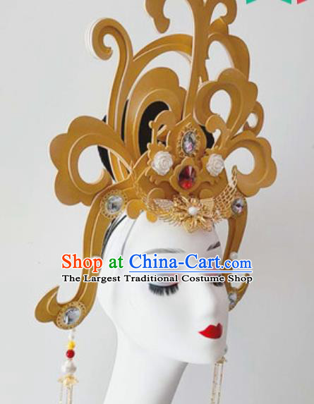 China Classical Dance Hair Crown Traditional Stage Performance Hair Accessories Handmade Goddess Wigs Chignon