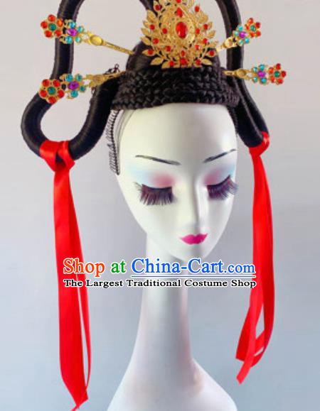 China Traditional Stage Performance Headdress Handmade Goddess Wigs Chignon Classical Dance Hair Clasp