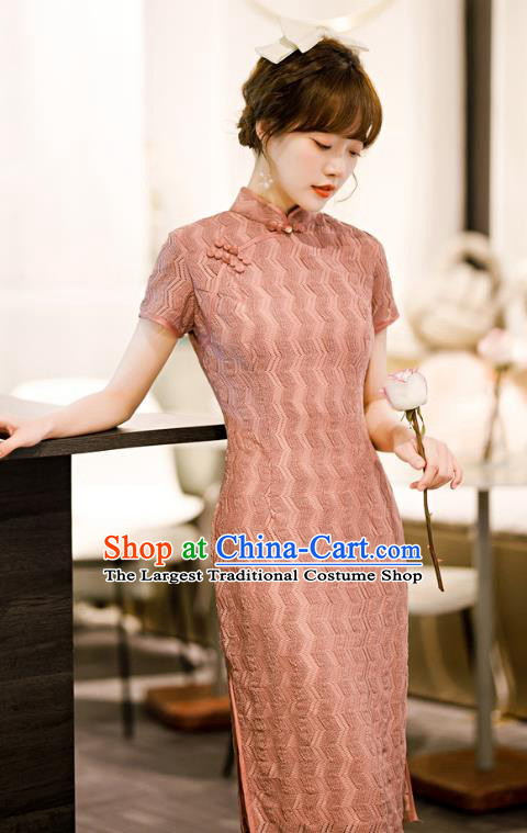 Chinese Classical Pink Lace Qipao Dress Traditional Elegant Cheongsam