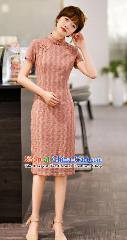 Chinese Classical Pink Lace Qipao Dress Traditional Elegant Cheongsam