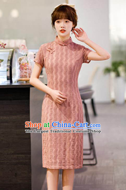 Chinese Classical Pink Lace Qipao Dress Traditional Elegant Cheongsam