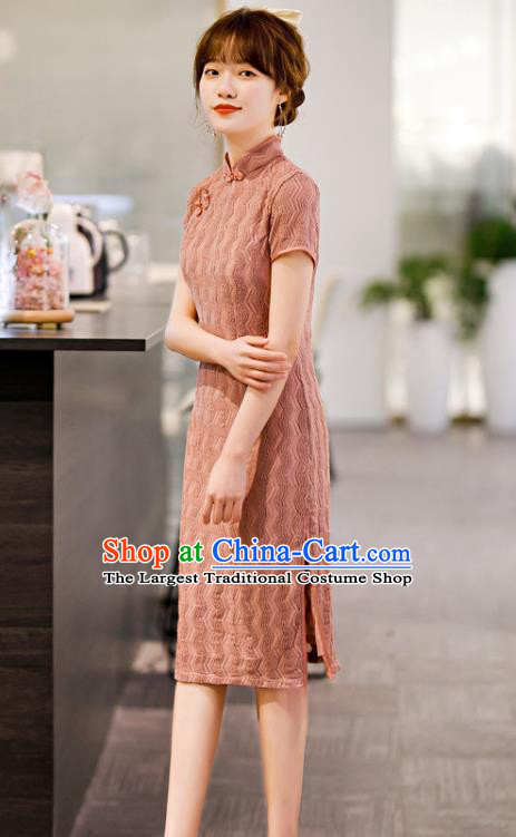 Chinese Classical Pink Lace Qipao Dress Traditional Elegant Cheongsam