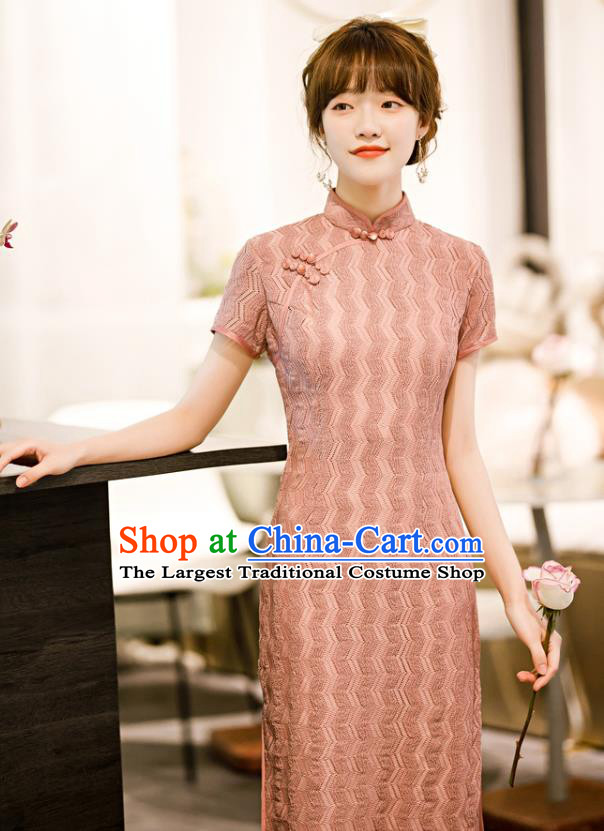 Chinese Classical Pink Lace Qipao Dress Traditional Elegant Cheongsam