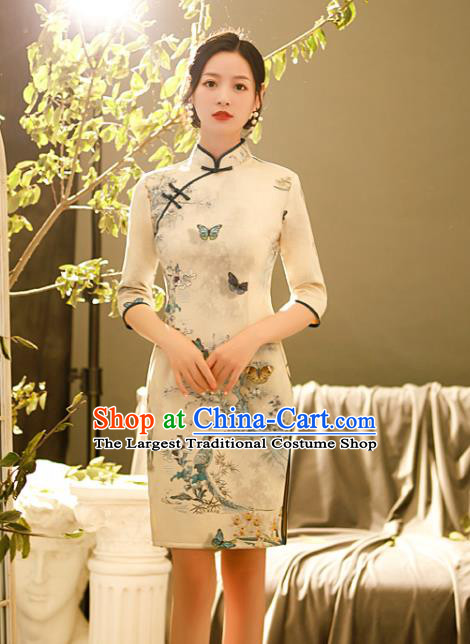 Chinese Classical Printing Butterfly Qipao Dress Traditional Shang Hai Fashion Cheongsam