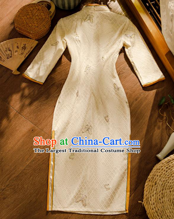 Chinese Classical Beige Lace Qipao Dress Traditional Young Lady Cheongsam