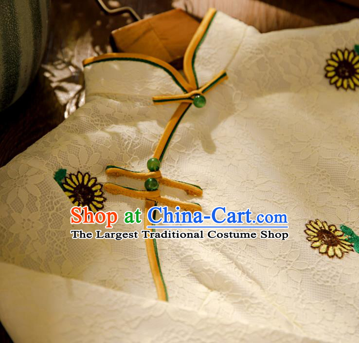 Chinese Traditional Young Lady Cheongsam Classical Printing Sunflowers White Lace Qipao Dress