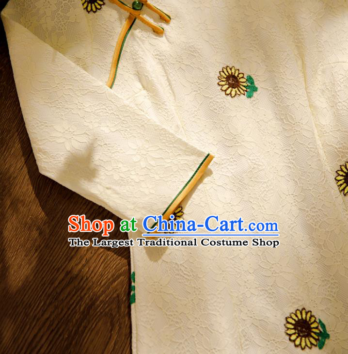 Chinese Traditional Young Lady Cheongsam Classical Printing Sunflowers White Lace Qipao Dress