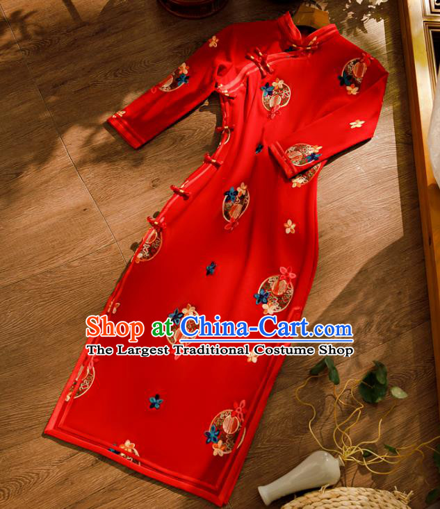 Chinese Classical Wedding Qipao Dress Traditional Bride Embroidered Red Cheongsam Clothing