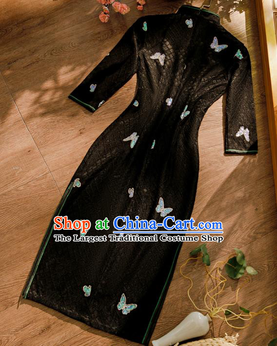 Chinese Classical Sequins Butterfly Qipao Dress Traditional Black Lace Cheongsam Clothing