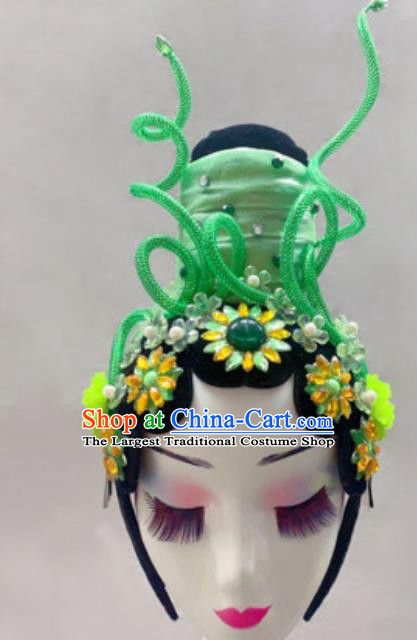 China Traditional Classical Dance Headdress Handmade Madam White Snake Xiaoqing Stage Performance Wigs Chignon