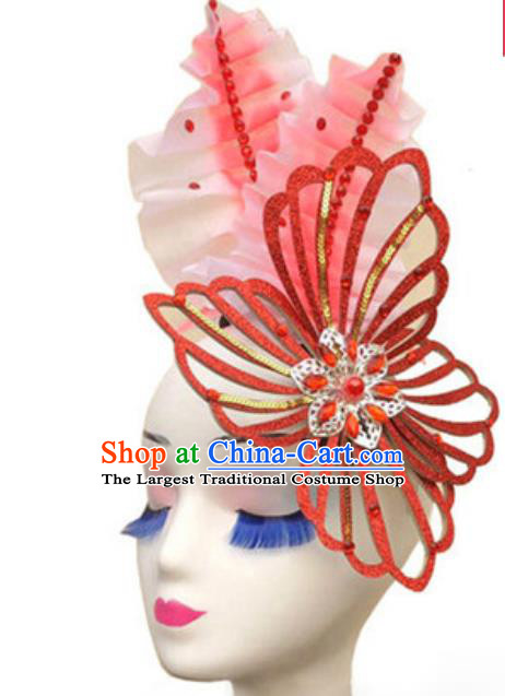 China Handmade Folk Dance Red Butterfly Headwear Traditional Stage Performance Hair Accessories Opening Dance Hair Clasp