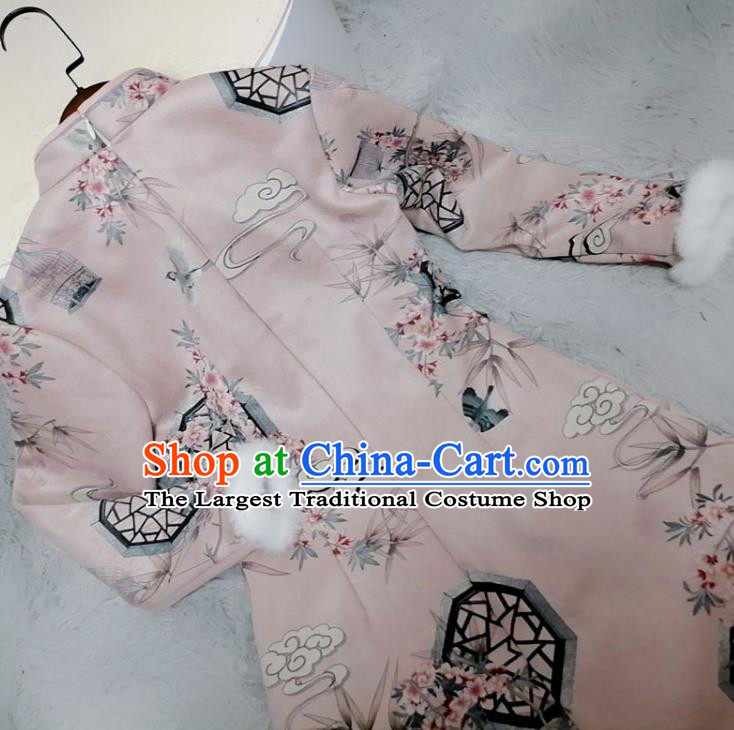 Chinese Classical Printing Plum Bamboo Pink Qipao Dress Traditional Winter Women Cheongsam