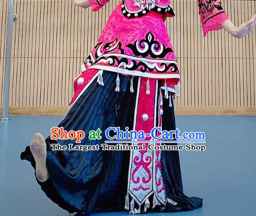 Chinese Miao Nationality Minority Wedding Bride Costumes Ethnic Folk Dance Rosy Dress Outfits